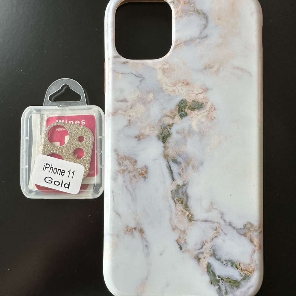 iPhone 11 marble case and gold camera cover